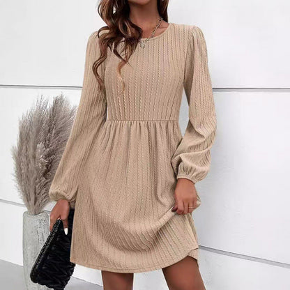 Damen A-Linie Kleid mit Puffärmeln Elegantes Rippstrick Design