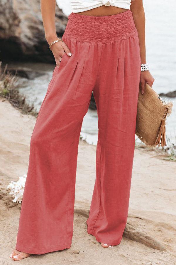 Damen Leinenhose Weit Bequem Falten Detail