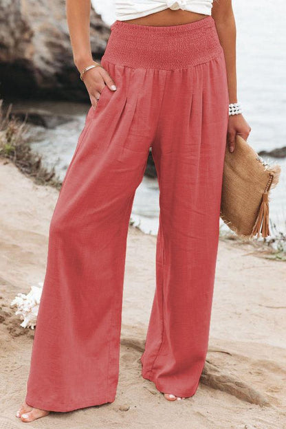 Damen Leinenhose Weit Bequem Falten Detail