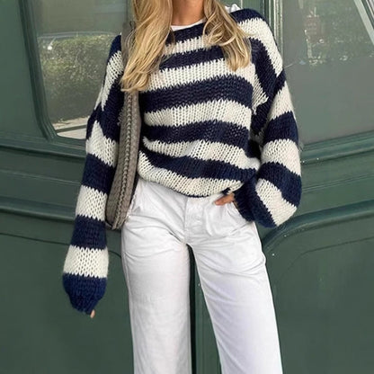 Damen Pullover Großes Streifenmuster Weite Ärmel
