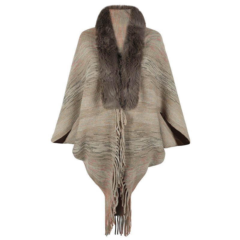Damen Poncho Elegant Kunstfell Kragen Frauen Mantel