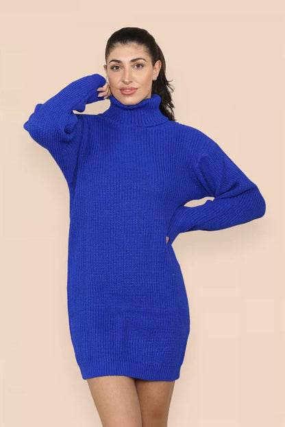 Damen Strickkleid Hochkragen Gestrickt Elegant