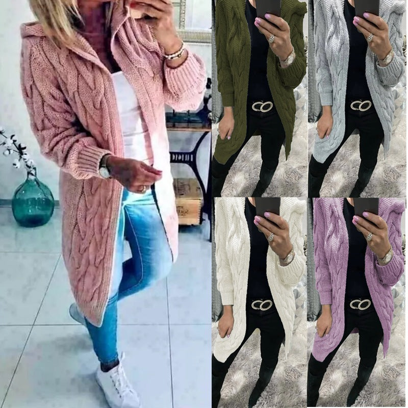 Damen Strickjacke Lang Zopfmuster Elegantes Design - IdealeKleiden