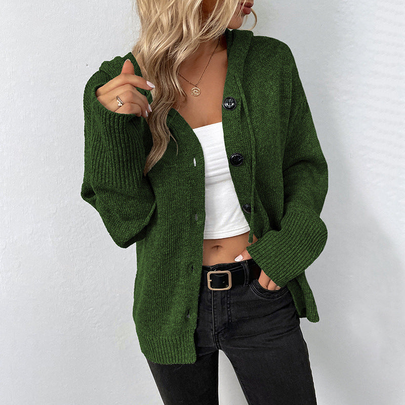 Damen Strickjacke Kapuze Knopf Vintage Stil
