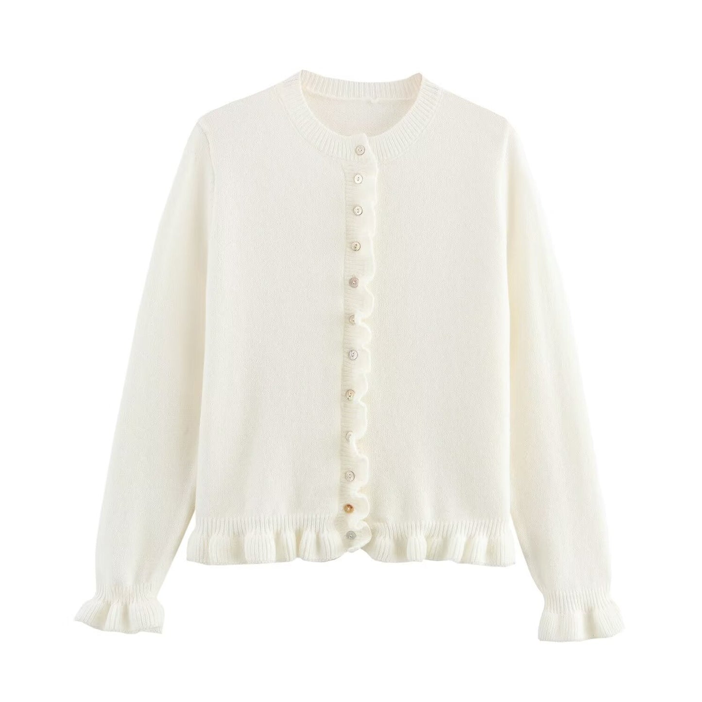 Damen Strickjacke Elegant Rüschensaum Knopfverschluss