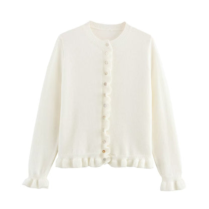 Damen Strickjacke Elegant Rüschensaum Knopfverschluss