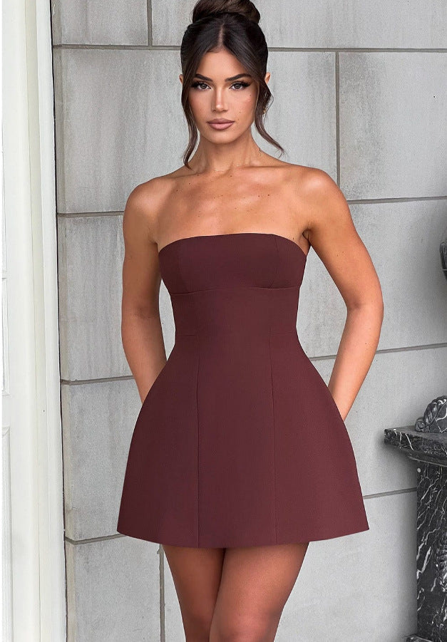 Elegantes Damenkleid A-Linie Trägerlos mit versteckten Taschen