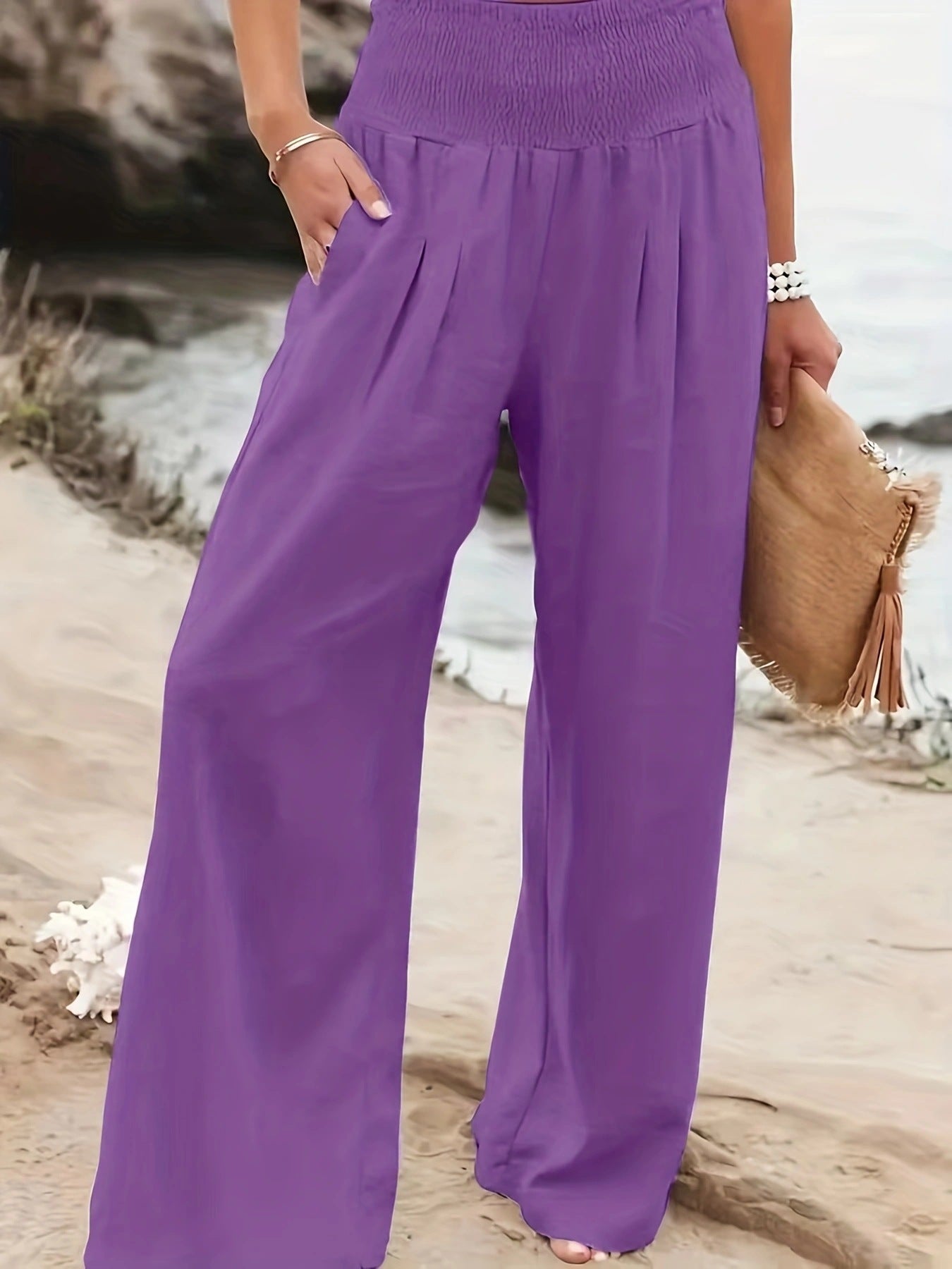 Damen Leinenhose Weit Bequem Faltenrock Effekt