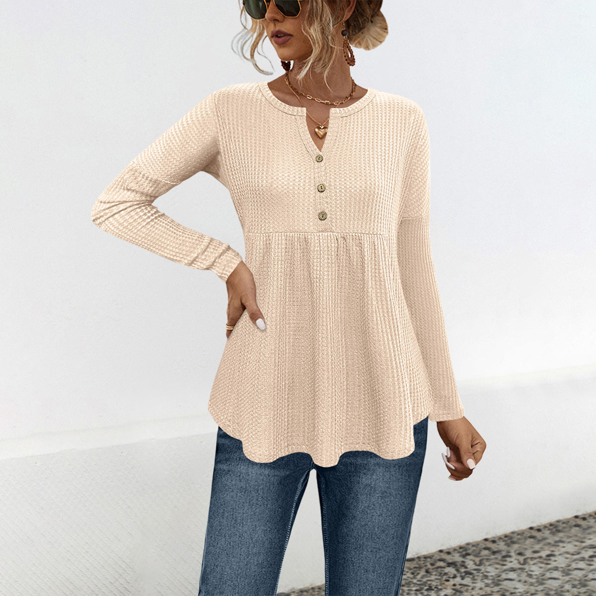 Damen Tunika Langarm Elegant Volant Blume