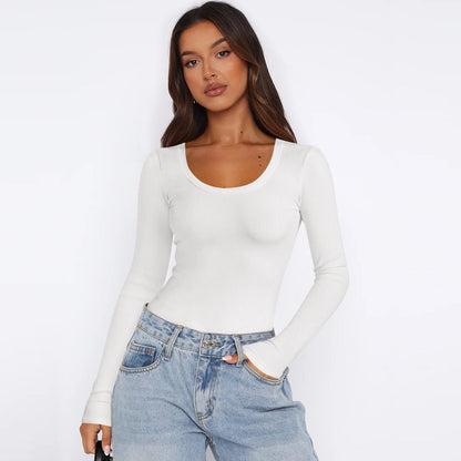 Damen Langarmtop Feinripp Rundhals Elegant