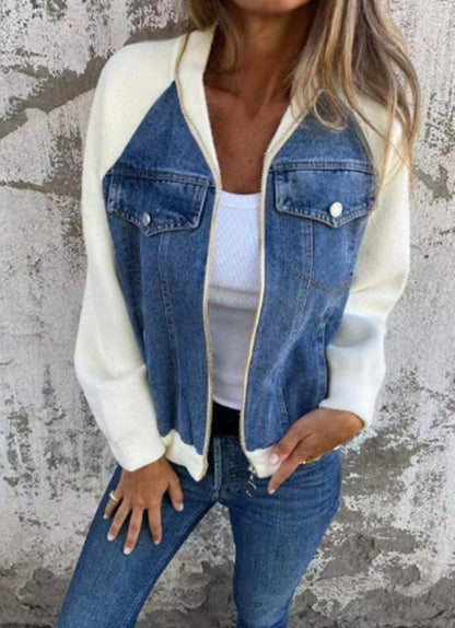 Damen Sweaterjacke Denim Style Fleece Ärmel