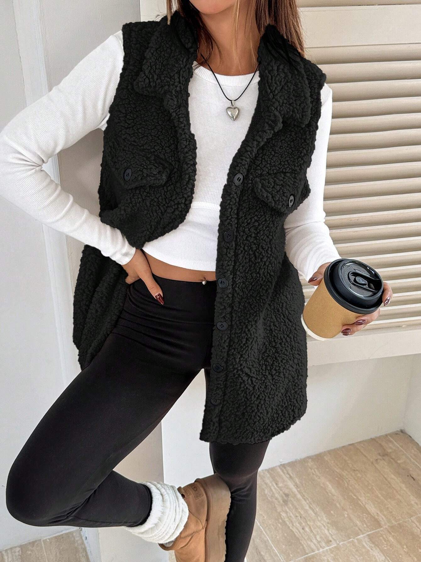 Damen Teddyweste Weich Plüsch mit Taschen