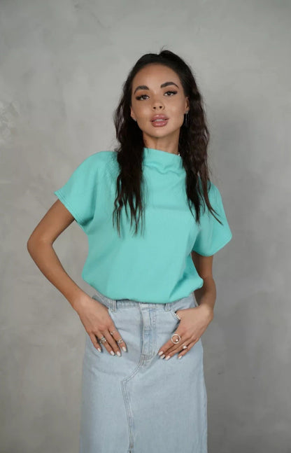 Damen Top Kurzarm Elegant Hochkragen