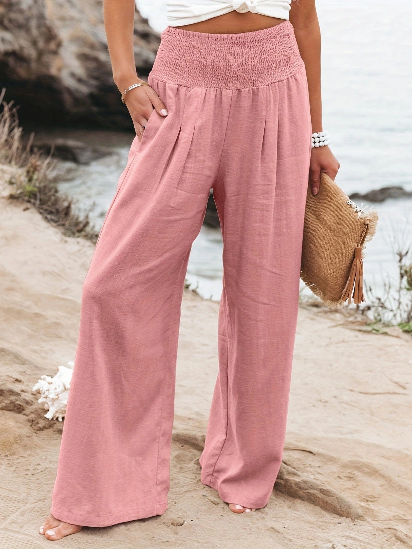 Damen Leinenhose Weit Bequem Faltenrock Effekt