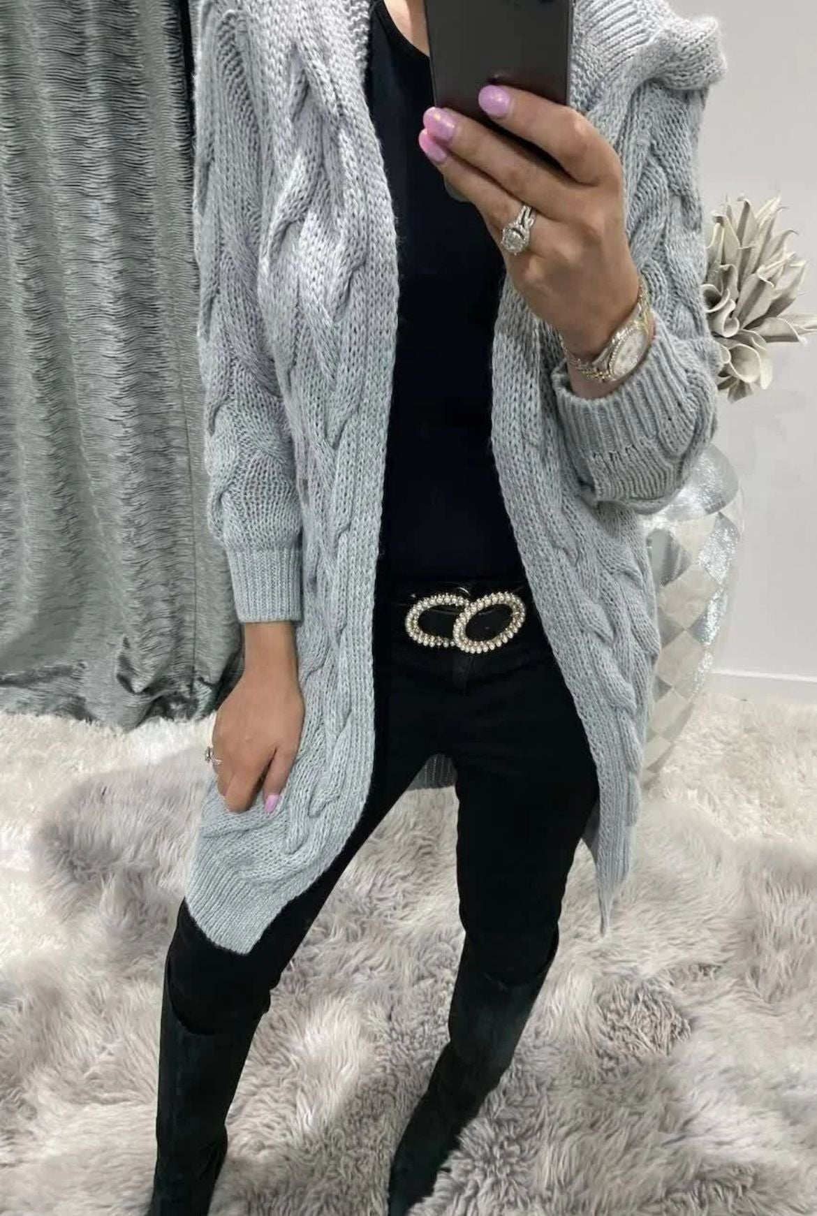 Damen Strickjacke Lang Zopfmuster Elegantes Design