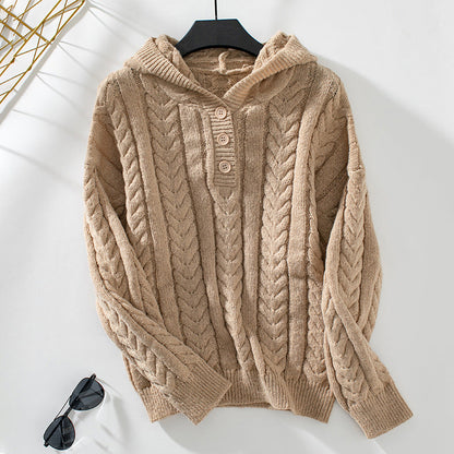Damen Strickpulli Kapuze Zopf Muster Winter