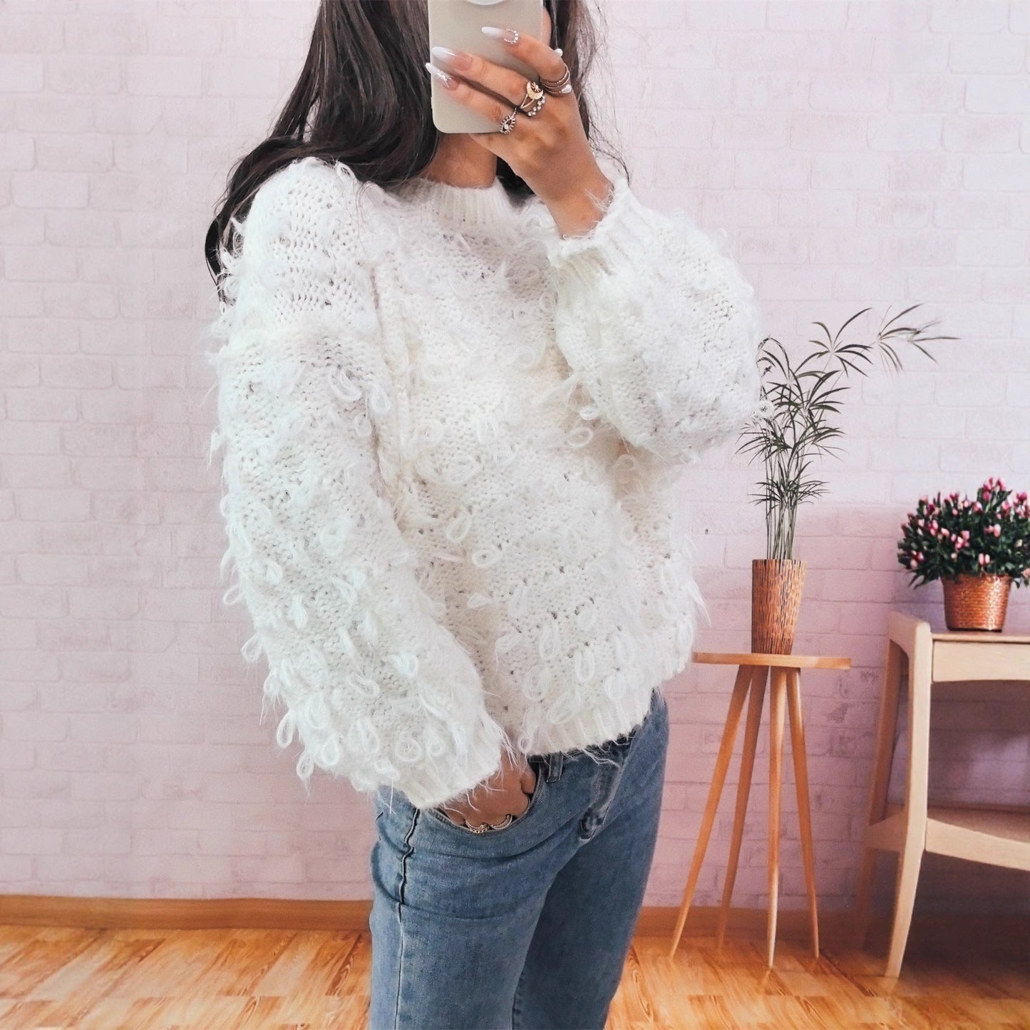 Damen Oversized Pullover Großzügig Strukturiert Elegant