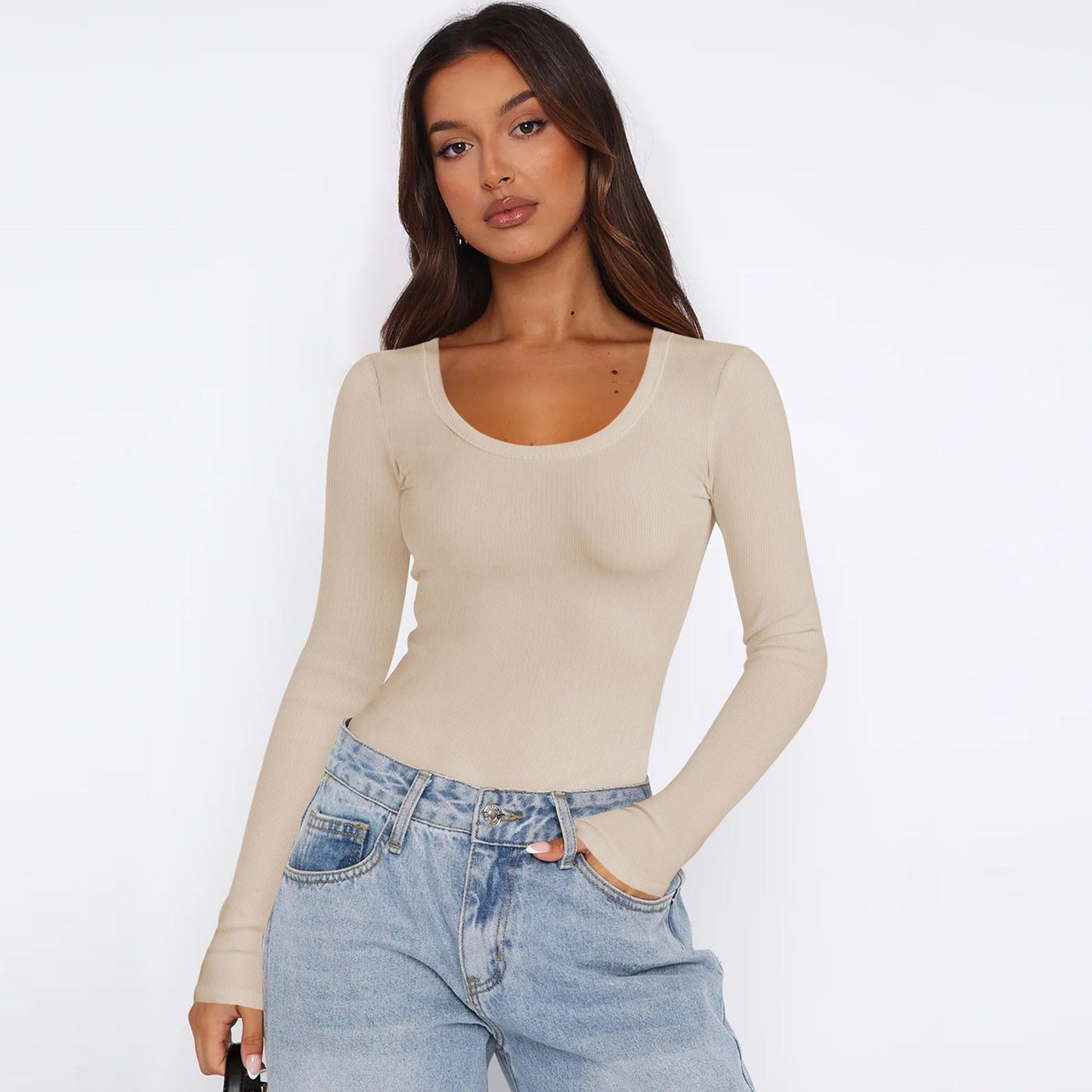 Damen Langarmtop Feinripp Rundhals Elegant