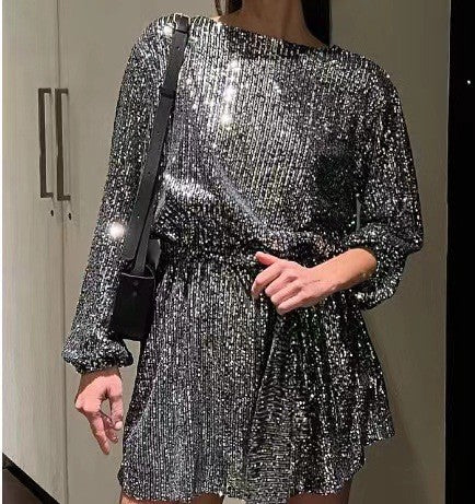 Damen Partykleid Glitter Lurex Elegant Geschnürt