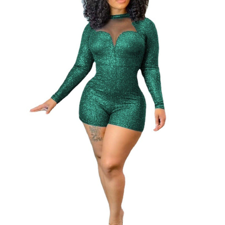 Damen Glitzer Overall mit transparenten Ausschnitten Abendkleid