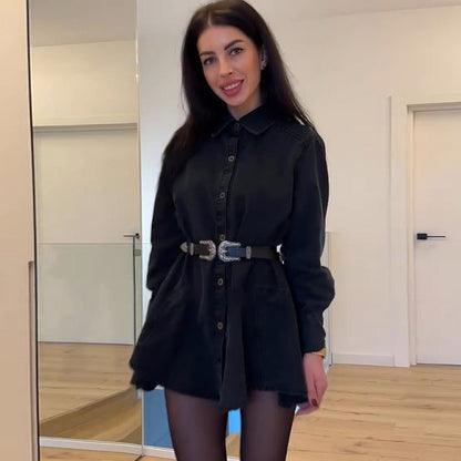 Damen Denim Kleid Mit Gürtel Figurformend