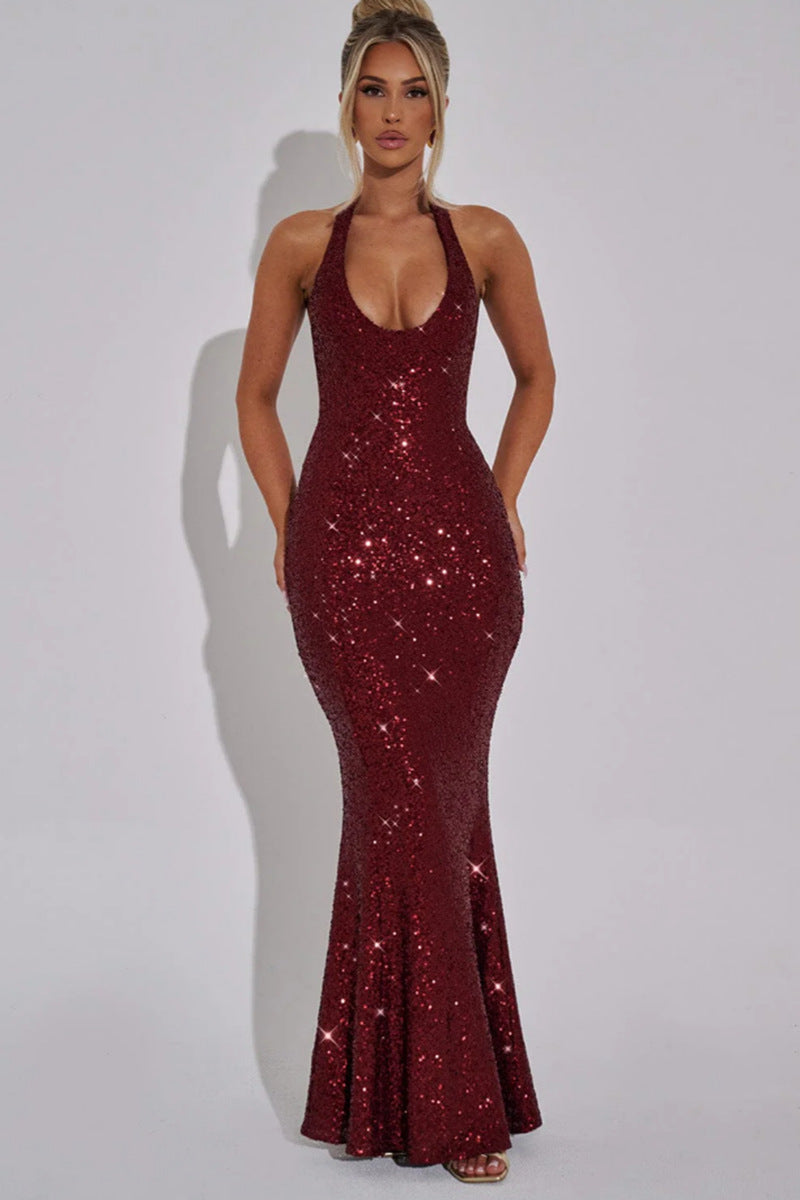 Damen Abendkleid Glitzer Pailletten Tiefes V Schulterfrei