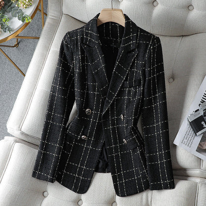Stylischer Blazer Tweed Optik Doppelreihen Knöpfe Karomuster