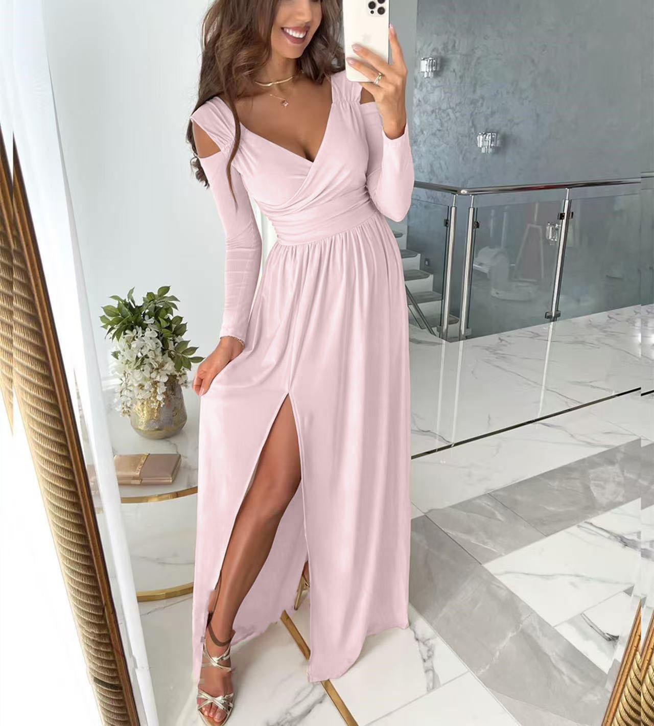 Damen Maxikleid Eleganz V-Ausschnitt Beinschlitz