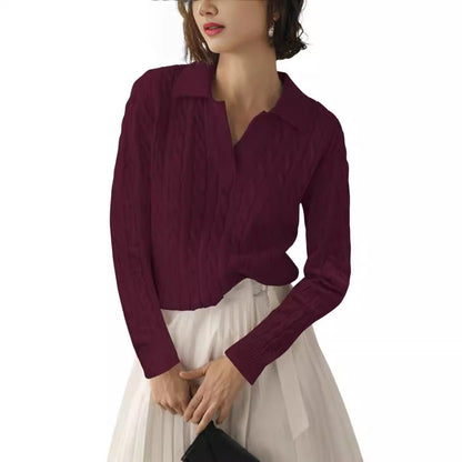 Damen Poloshirt Strickmuster Kontrastfarben Elegant