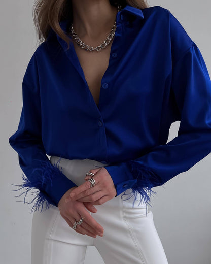 Damen Bluse Elegant Feder Dekolleté Satin