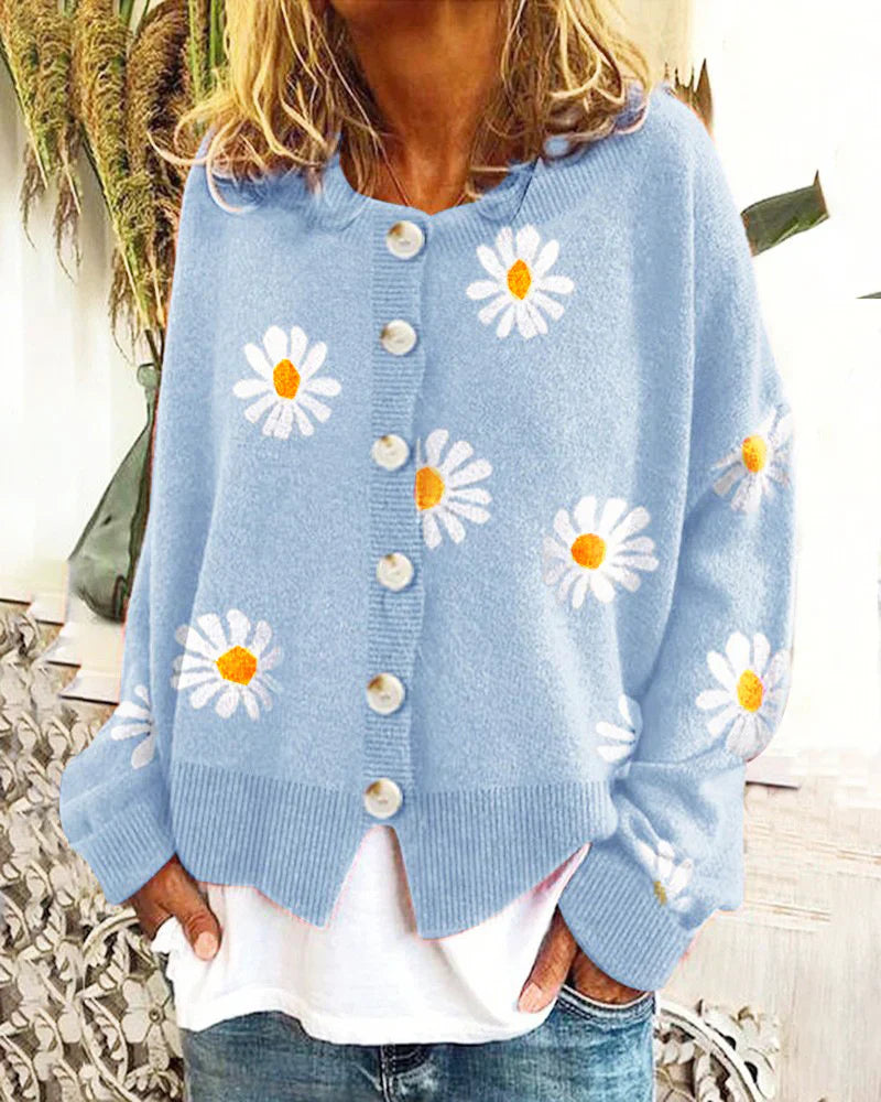 Damen Strickjacke Langarm Blumenmuster Elegance