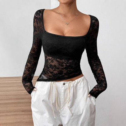 Damen Durchsichtige Spitzenbluse Langärmlig Elegantes Design - IdealeKleiden
