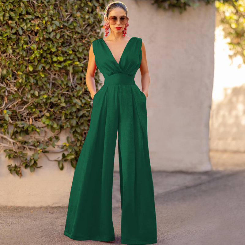 Damen Jumpsuit Elegant V-Ausschnitt Weite Bein
