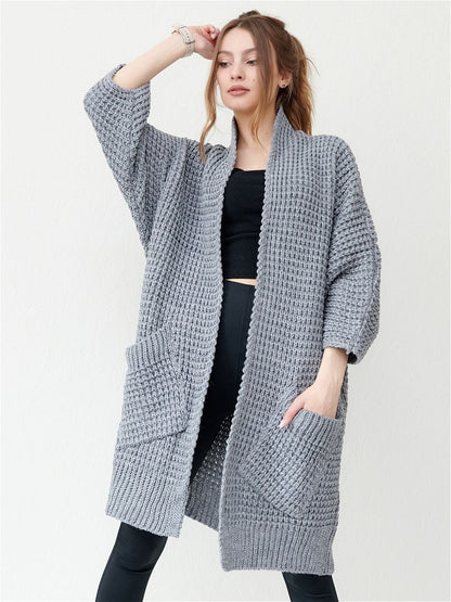 Oversized Strickjacke Offen Vorne Große Taschen - IdealeKleiden