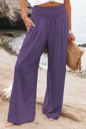Damen Leinenhose Weit Bequem Falten Detail