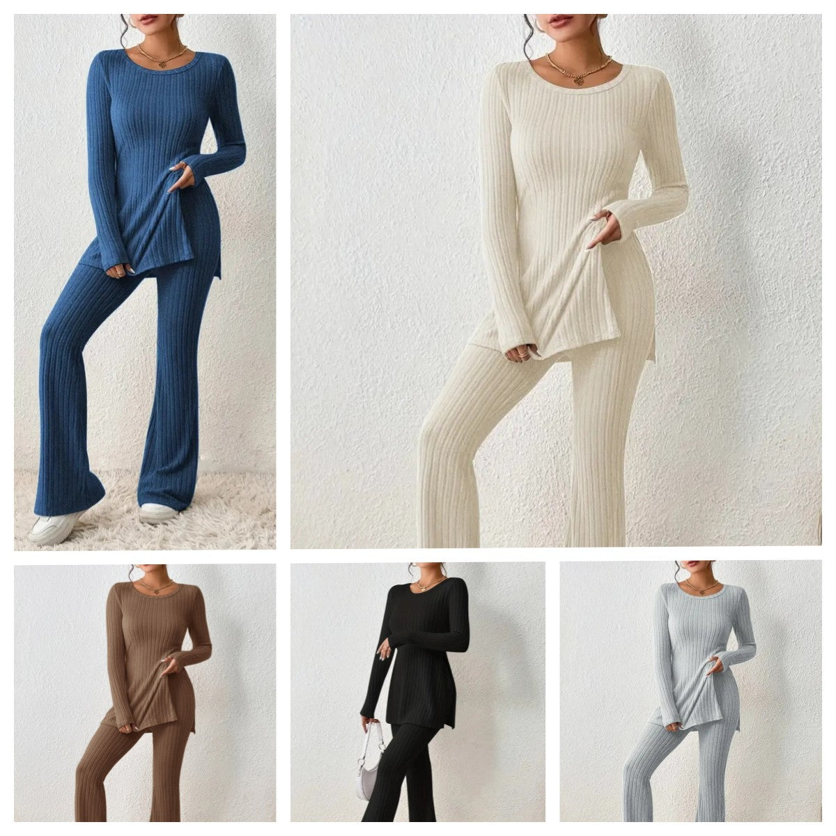 Damen Lounge-Set Fein Gerippt Langärmlig Bequem - IdealeKleiden