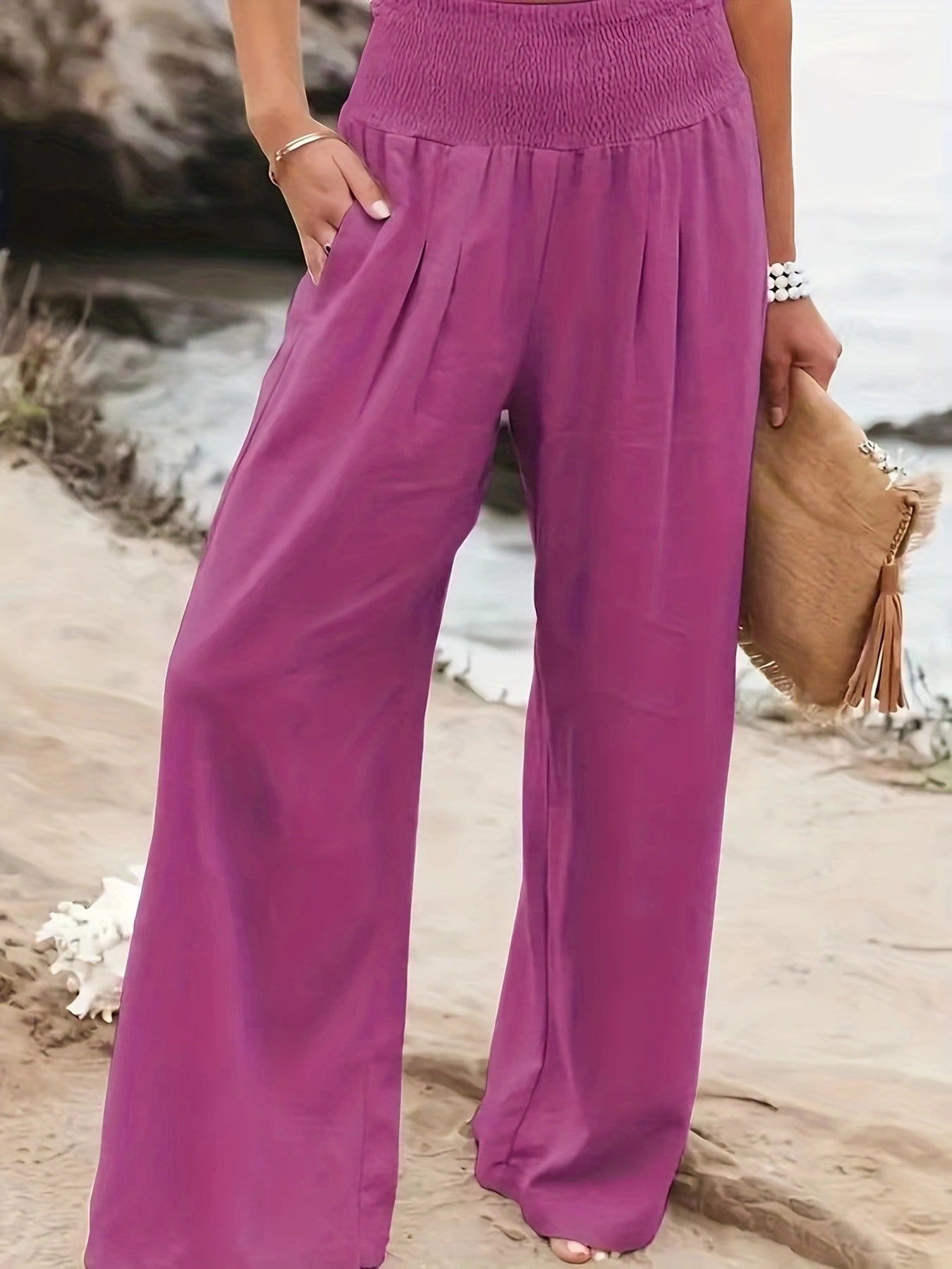 Damen Leinenhose Weit Bequem Faltenrock Effekt