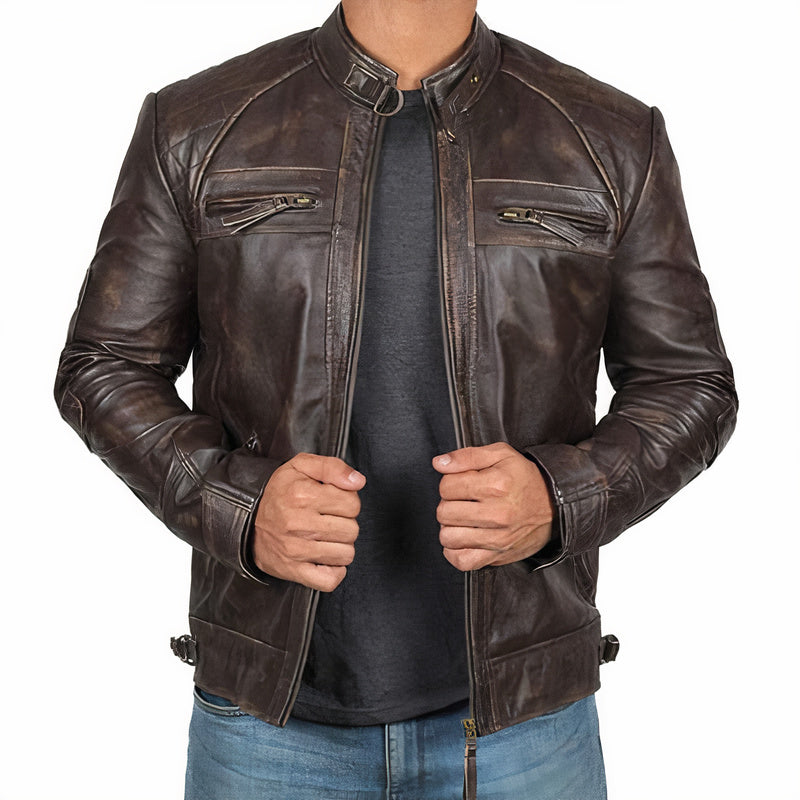 Robuste Herren Motorradjacke Reißverschluss Taschen - IdealeKleiden