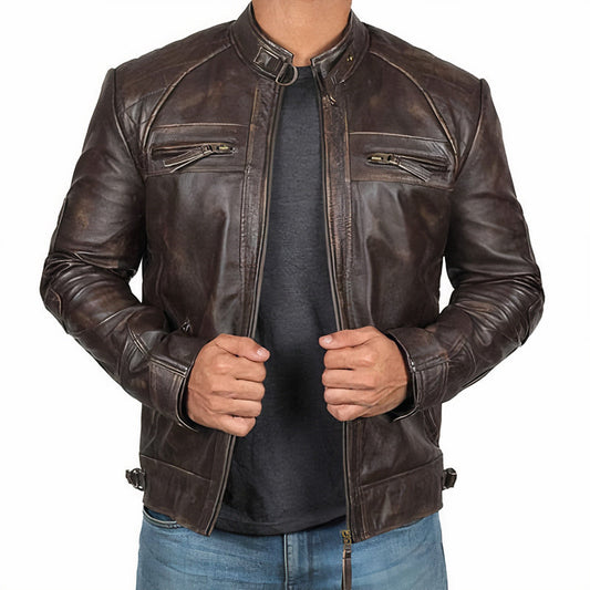 Robuste Herren Motorradjacke Reißverschluss Taschen - IdealeKleiden