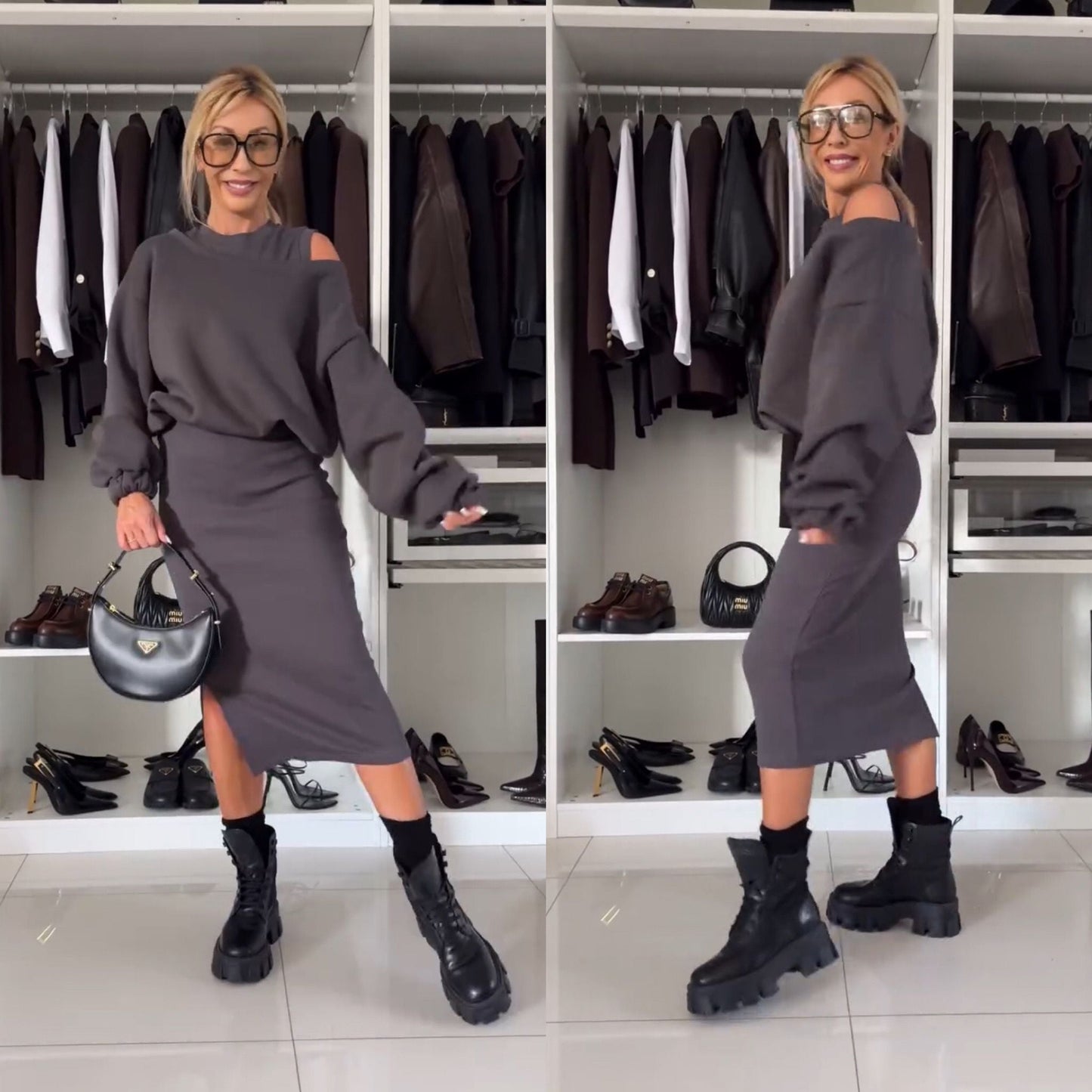 Modisches Frauenkleid Set mit Cold Shoulder Top und Midi Rock