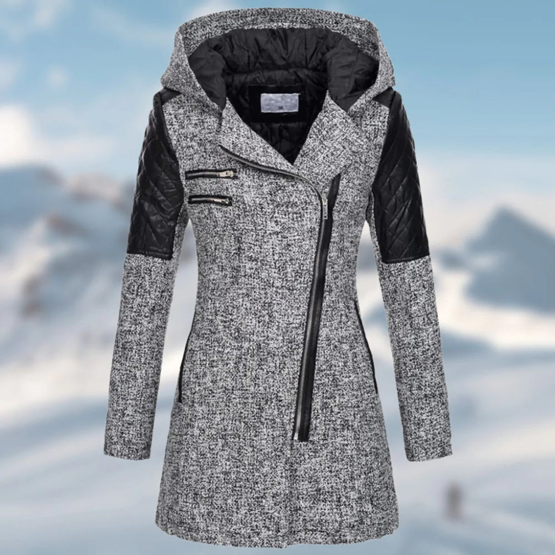 Stylische Wolljacke Damen Taillierte Passform Kapuze Reißverschluss - IdealeKleiden