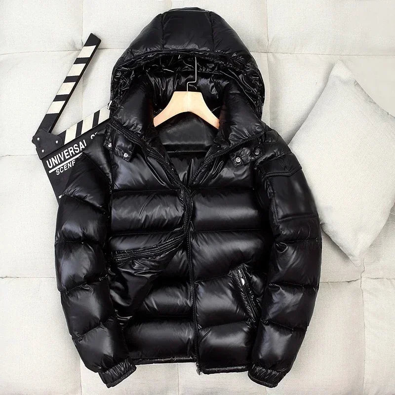 Herren Daunenjacke Kurz Mit Kapuze Glänzend - IdealeKleiden