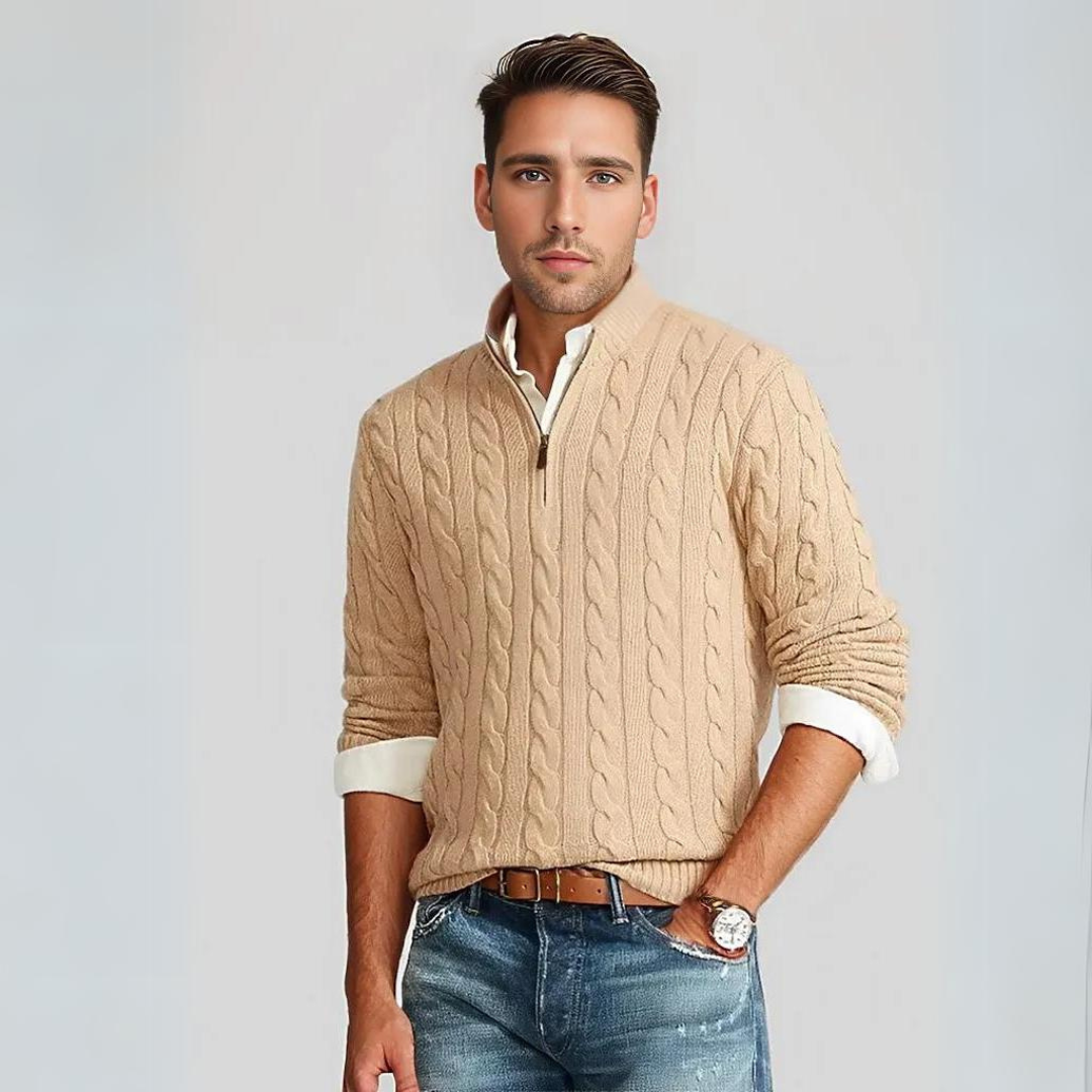 Herren Pullover Viertelreißverschluss Zopfmuster