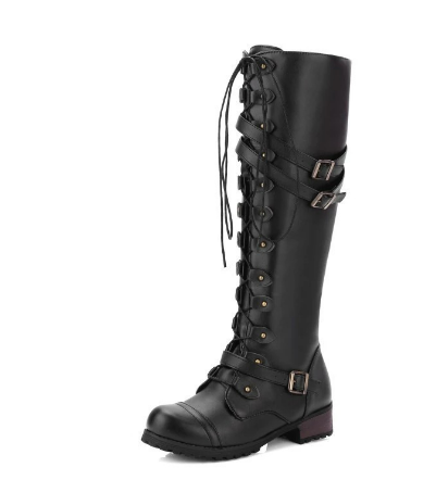 Wasserdichte Stiefel Damen | Kniehohe Lederschuhe mit Rundkopf und Gurt