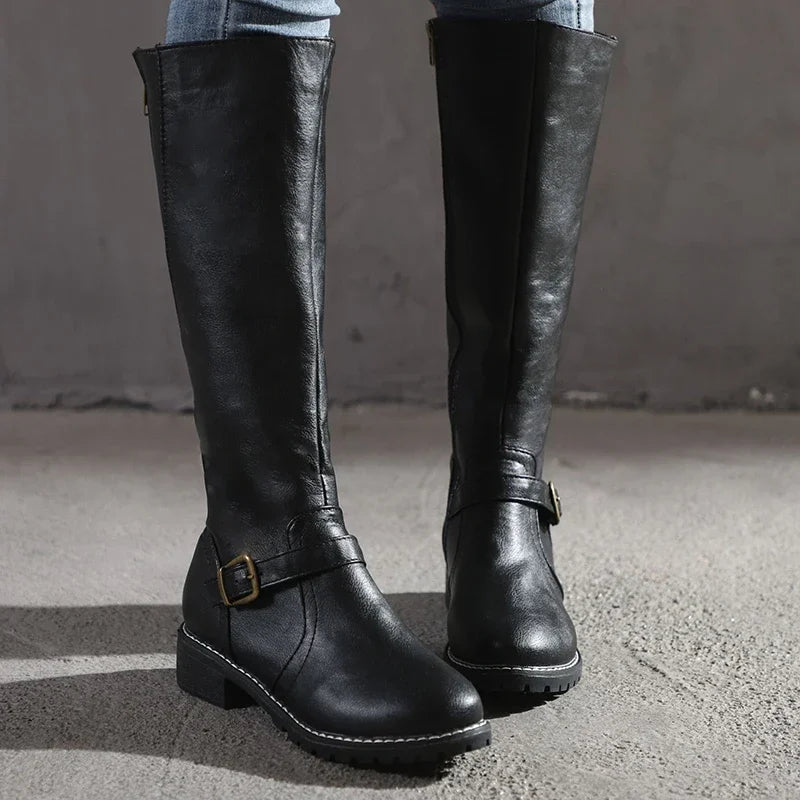 Knielange Stiefel Schmal Schnallen Lederoptik