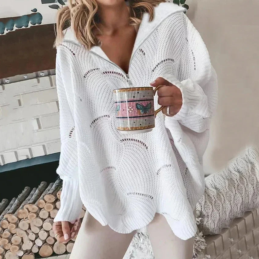 Weiter Pullover Damen V-Ausschnitt Reißverschluss