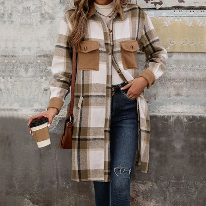 Damen Lange Karierte Steppjacke Mit Taschen
