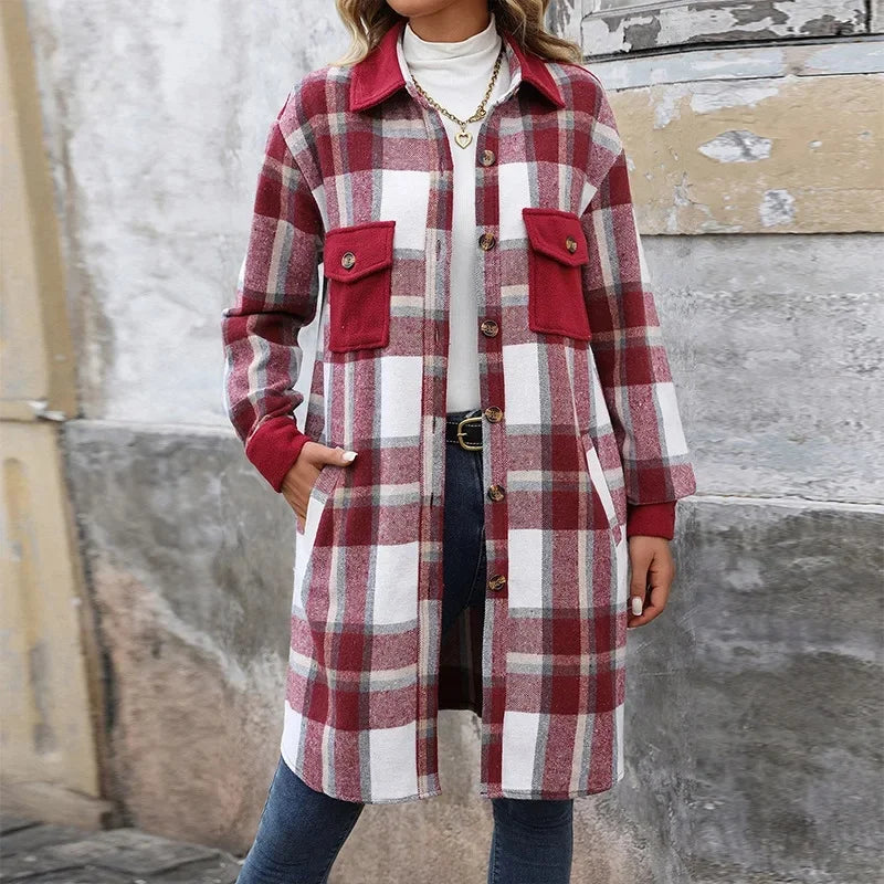 Damen Lange Karierte Steppjacke Mit Taschen