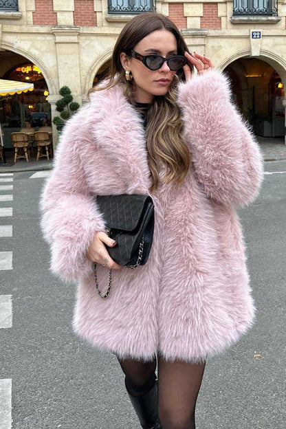 Damen Lange Kunstpelzjacke Rosa Weich Offen