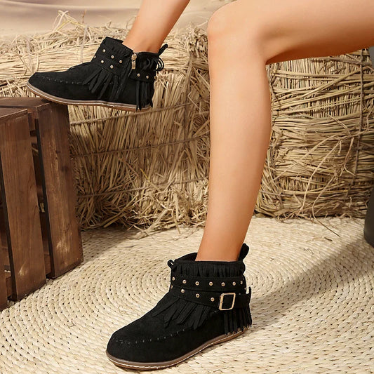 Retro Stiefeletten Wildleder Schnalle Cowboy Style - IdealeKleiden